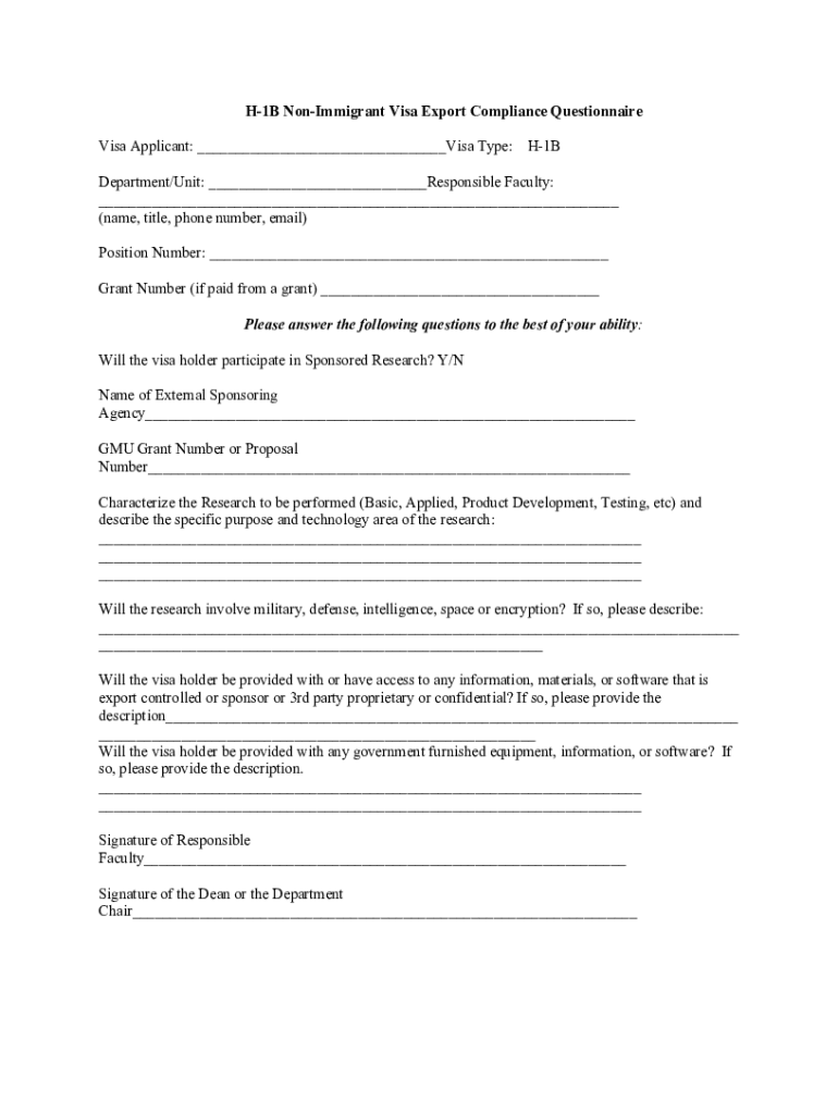 Fillable Online Oips Gmu H 1B Non Immigrant Visa Export Compliance Questionnaire Fax Email Print