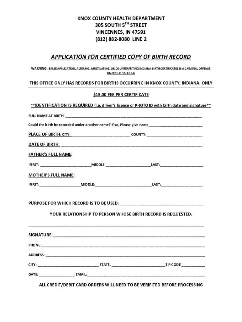 Fillable Online Knox County Birth, Marriage, Death Certificates, Vital