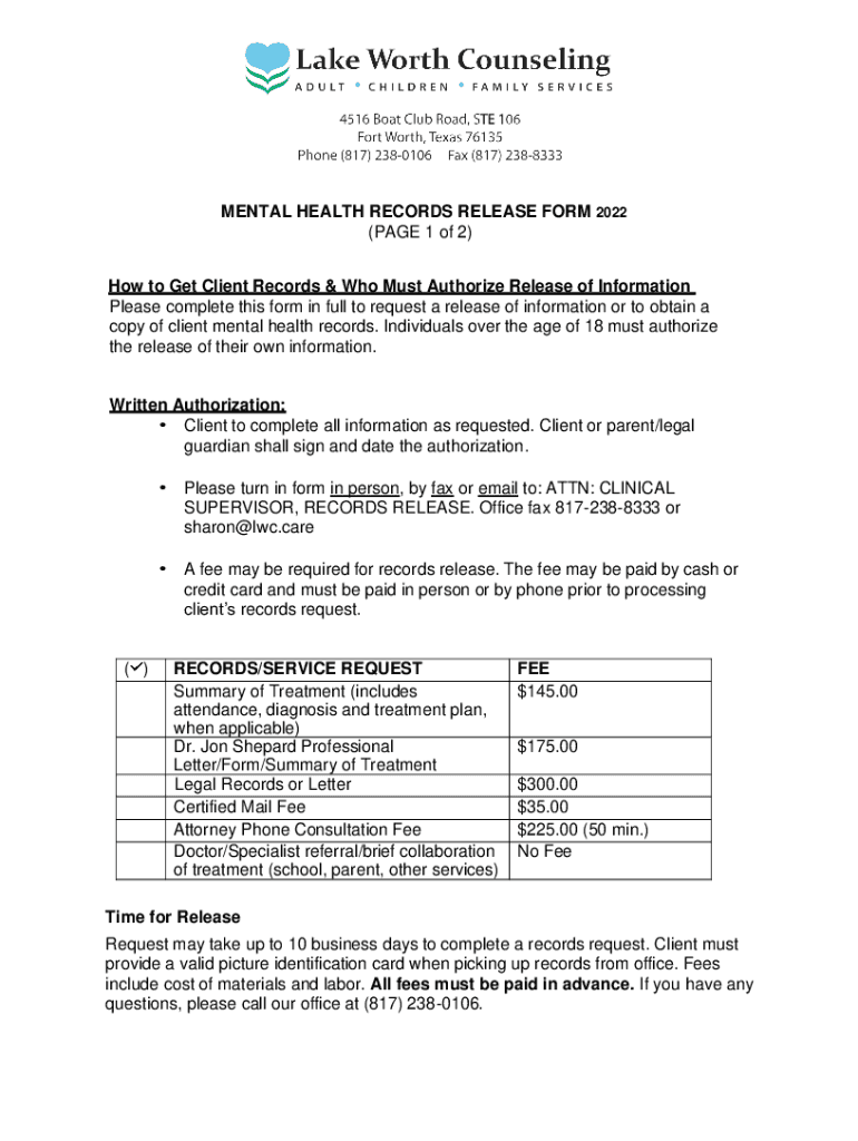Fillable Online Mental Health Records Release Form 2022 Fax Email Print