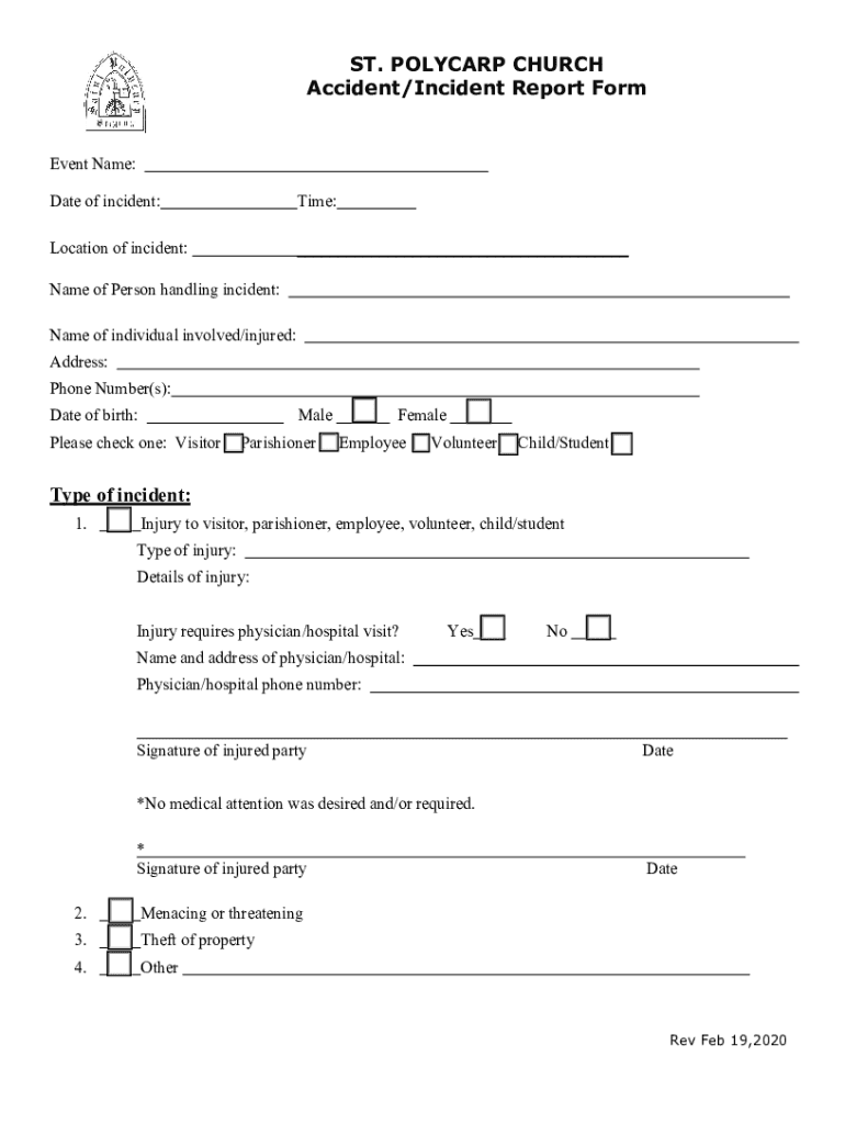 Fillable Online Accident/Incident Report Form - Smyrna - Saint Polycarp ...