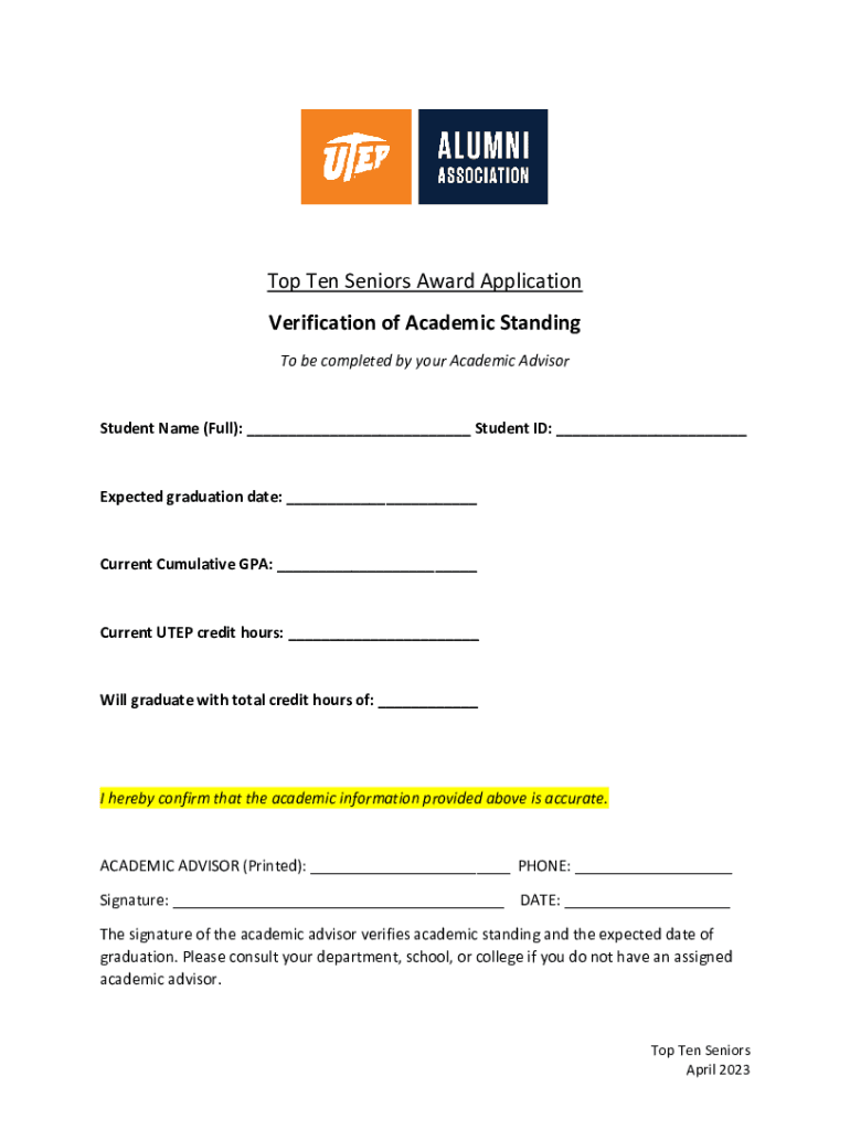 Fillable Online alumni utep Top Ten Seniors Award Application
