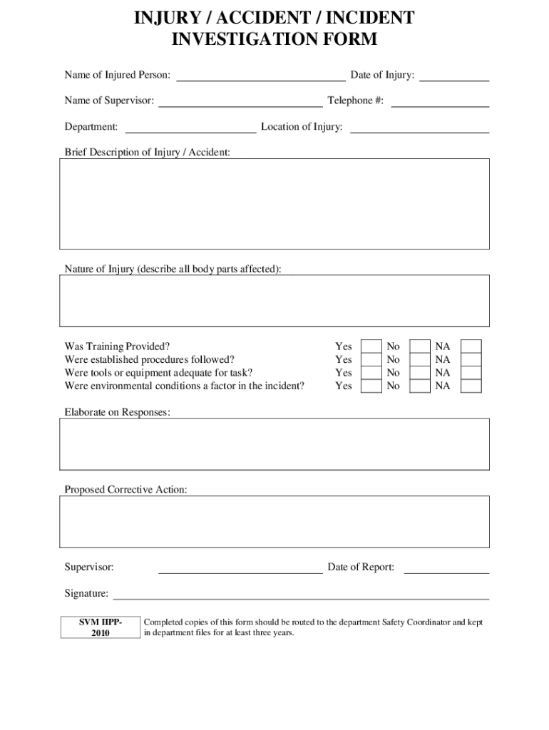 Fillable Online INJURY / ACCIDENT / INCIDENT INVESTIGATION FORM Fax ...