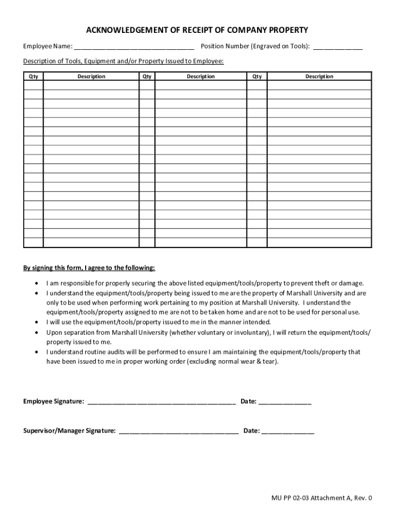 Fillable Online Receipt of Company Property & Financial Obligation Form