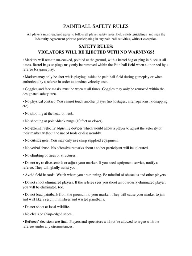 Fillable Online Safety Rules For Paintball 1. All Players MUST be