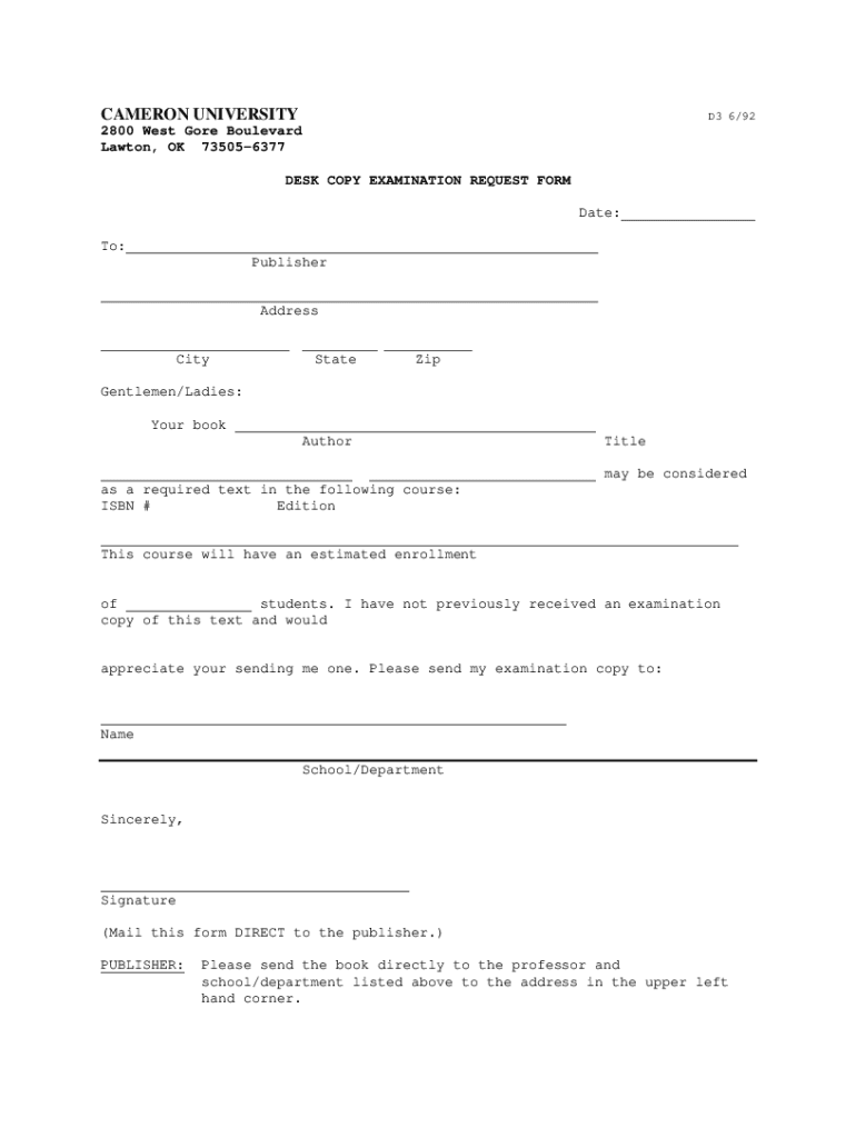 Fillable Online Desk Copy Examination Request Form Fax Email Print