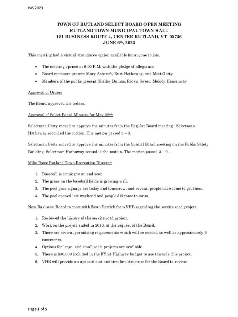 Fillable Online Page 1 of 5 TOWN OF RUTLAND SELECT BOARD OPEN Fax Email Print pdfFiller
