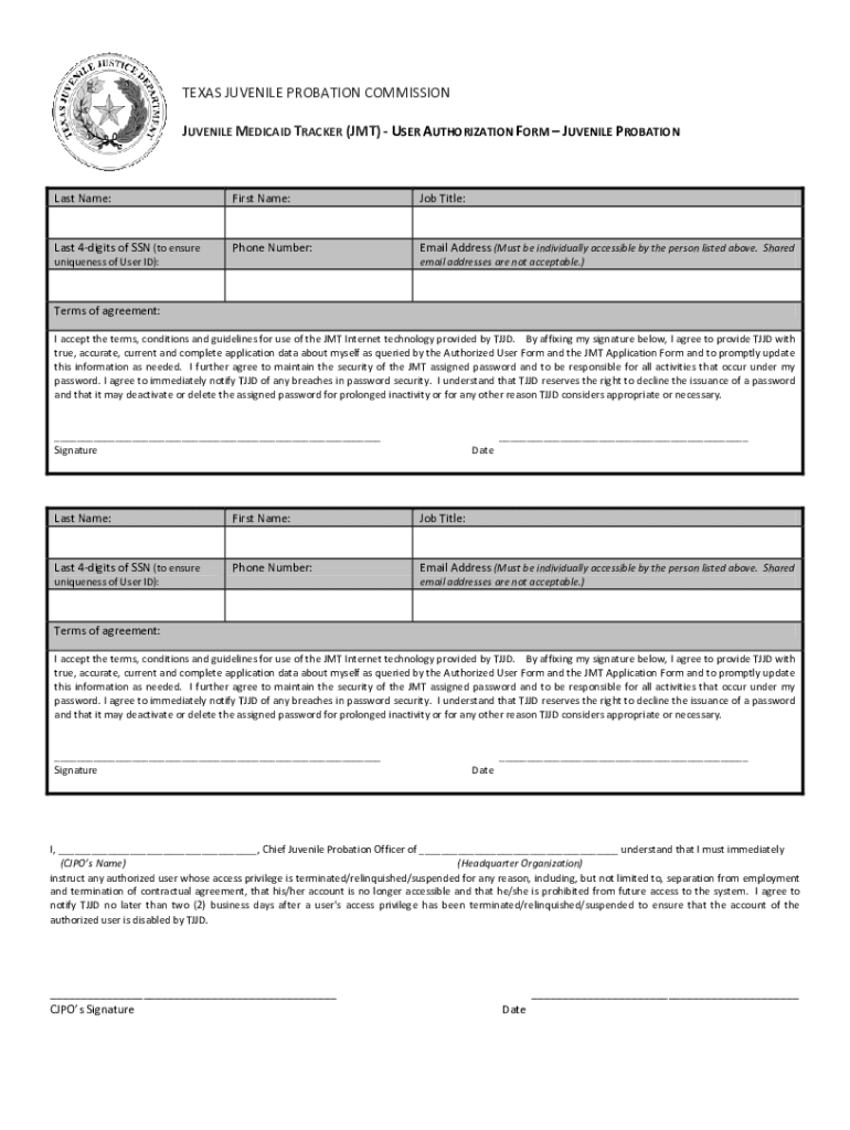 Fillable Online user authorization formjuvenile probation Fax Email ...