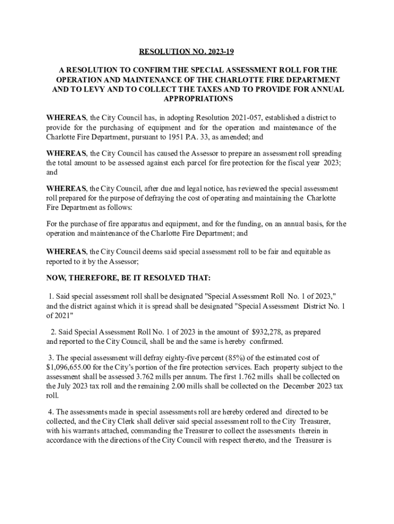 Fillable Online A RESOLUTION TO CONFIRM THE SPECIAL ASSESSMENT ROLL FOR