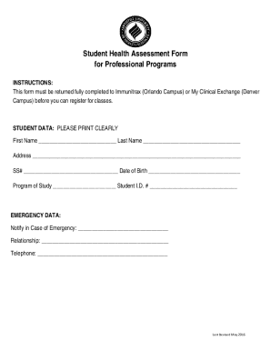 Student Health Assessment Form for Professional Programs