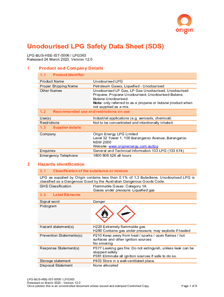 Fillable Online Unodourised LPG Safety Data Sheet (SDS) Fax Email Print