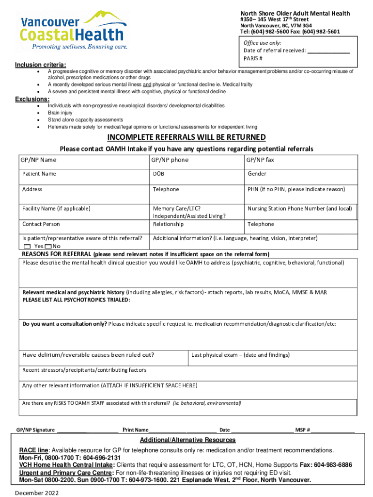 Fillable Online North Shore older adult mental health referral form Fax Email Print pdfFiller