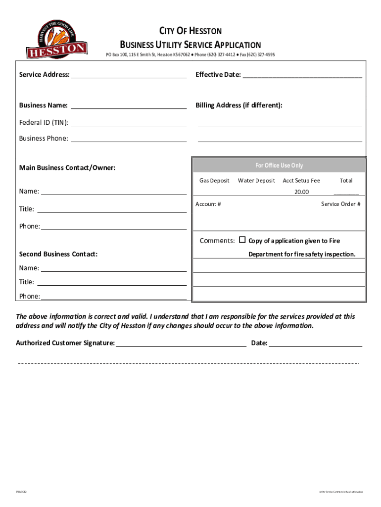 Fillable Online city of hesston business utility service application