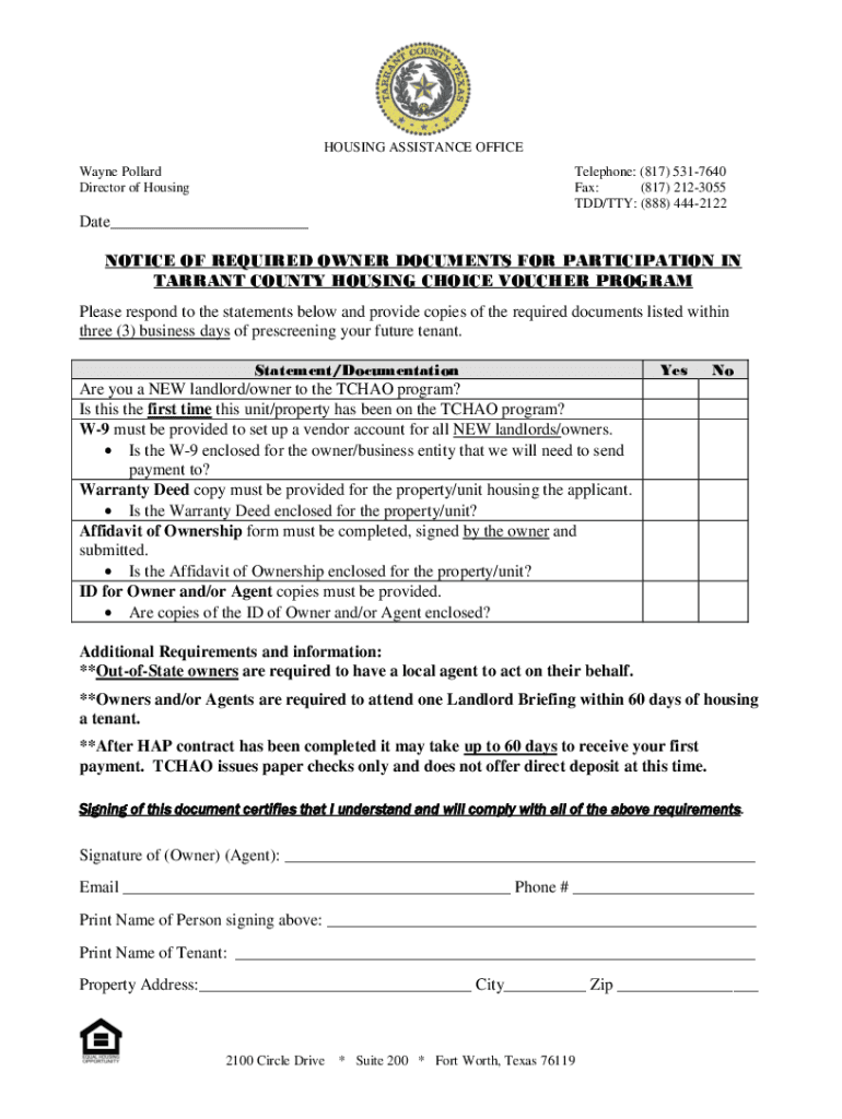 Fillable Online TARRANT COUNTY HOUSING ASSISTANCE OFFICE Fax Email