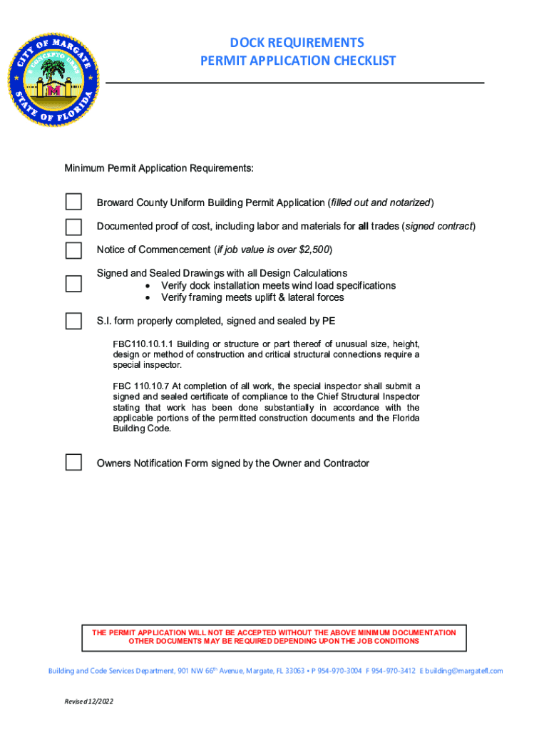 Fillable Online Dock Requirements Permit Application Checklist Fax