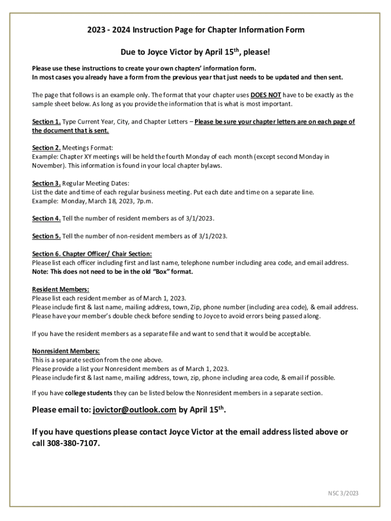 Fillable Online 2023 2024 Instruction Page for Chapter Information