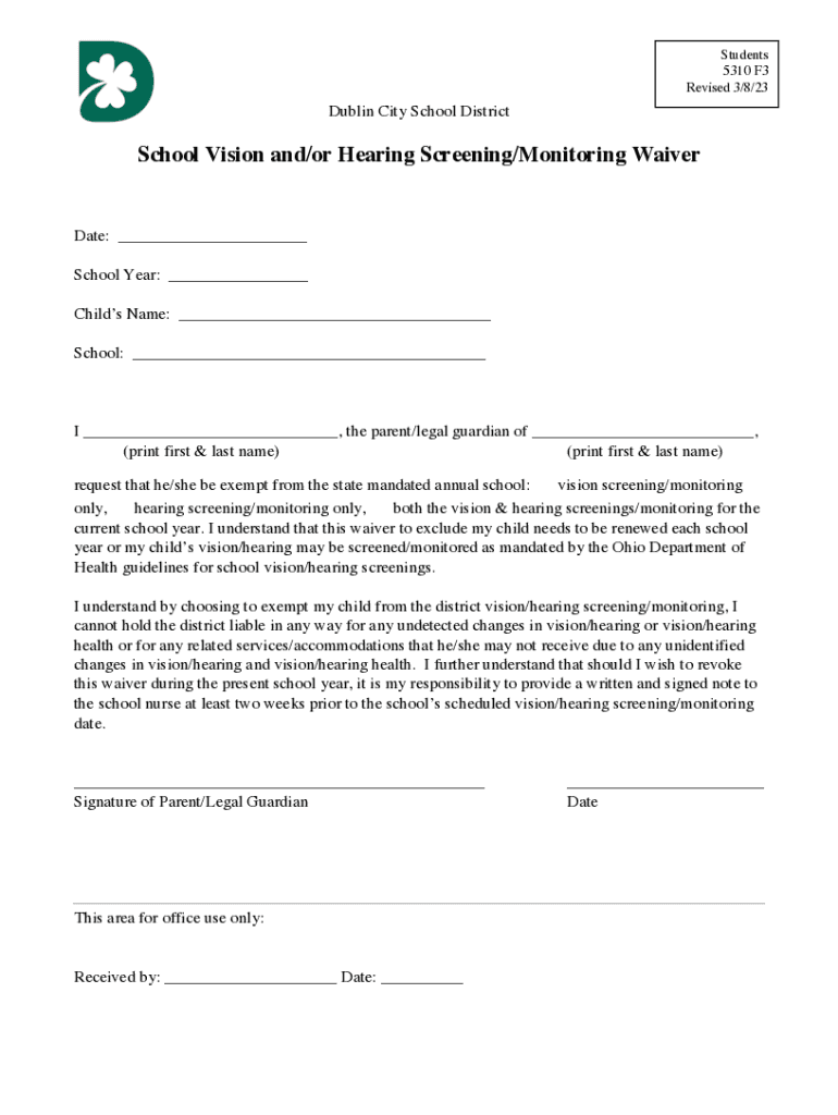 Fillable Online School Vision and/or Hearing Screening/Monitoring