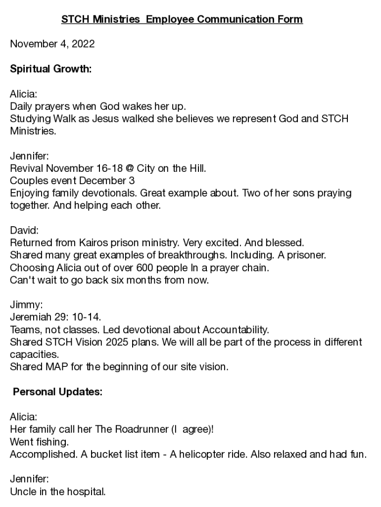 Fillable Online STCH Ministries Employee Communication Form Fax Email Print pdfFiller