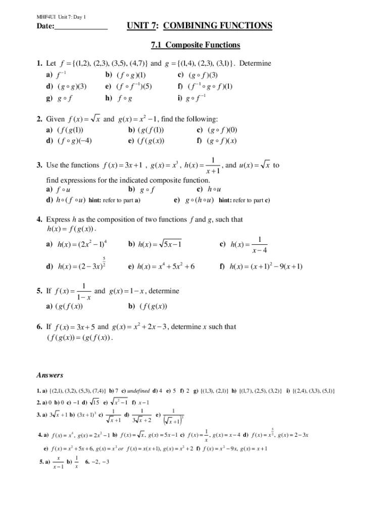 Fillable Online Topic Composition Of Functions Worksheet 1 Fax