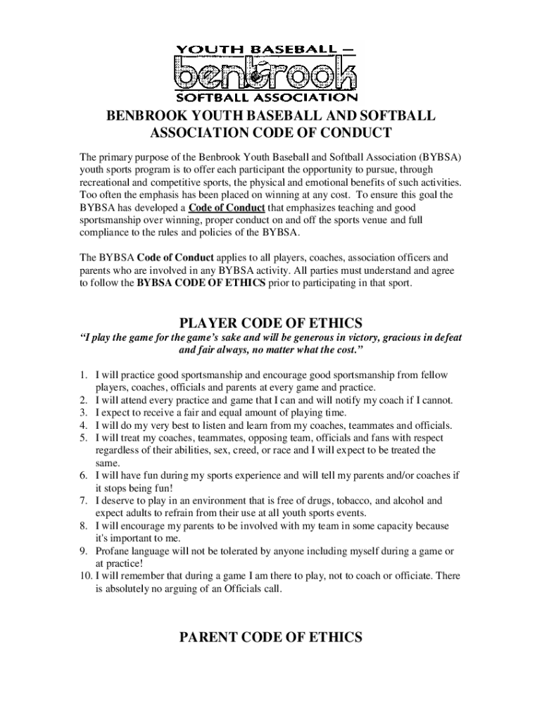 Fillable Online benbrook youth baseball and softball association code