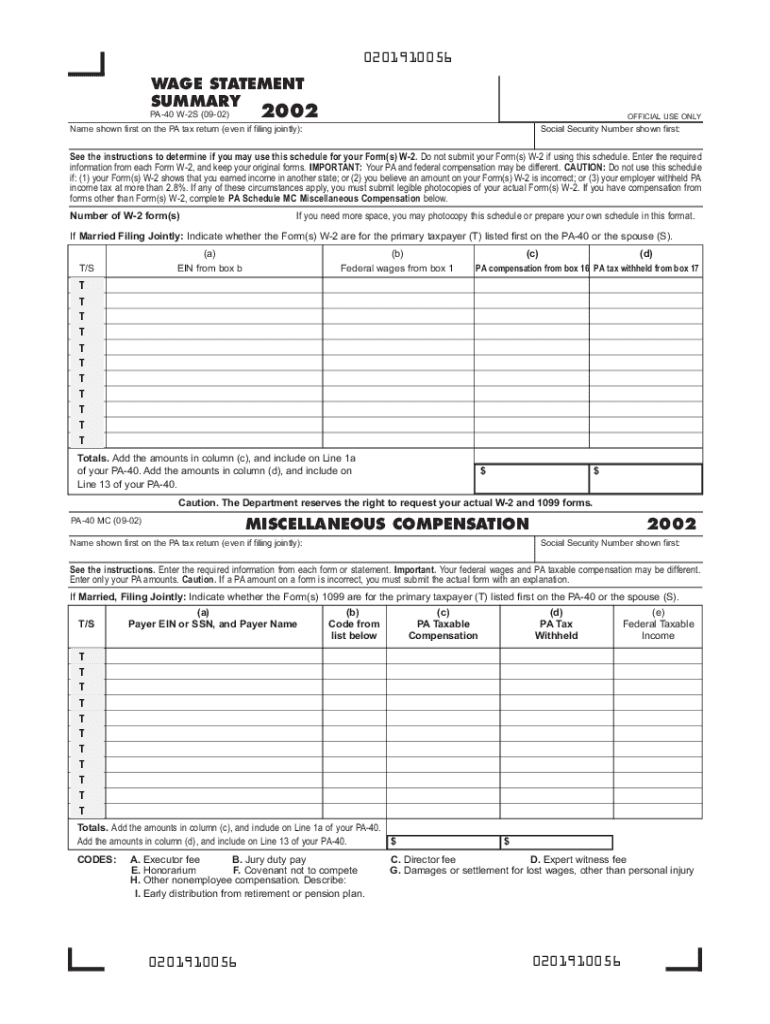 Fillable Online 2002 PA Schedule W2S/MC (PA40 W2S/MC). Forms
