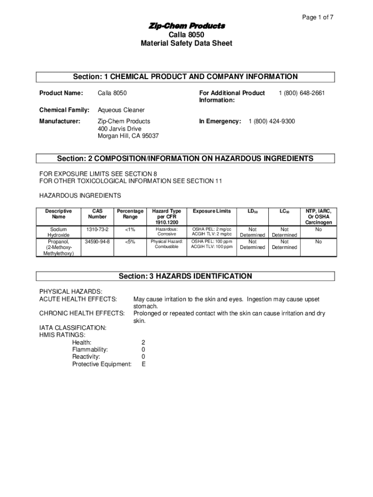 Fillable Online ZipChem Products Calla 8050 Material Safety Data Sheet