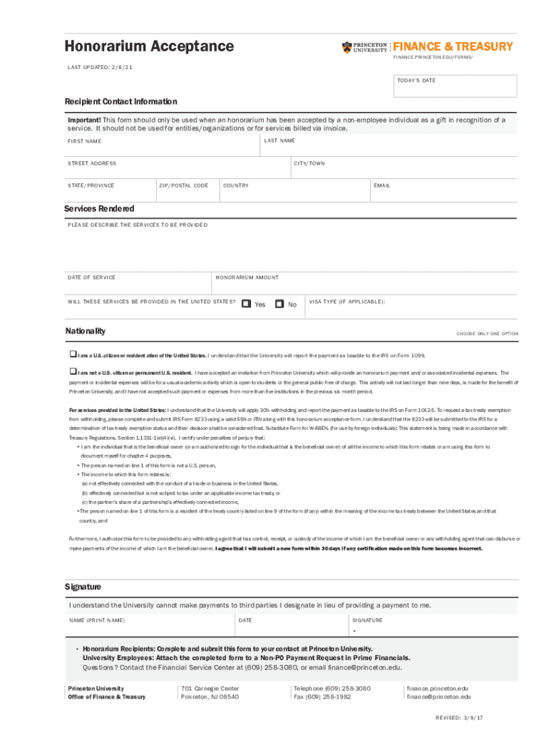 Fillable Online finance princeton Honorarium Definition and Tax