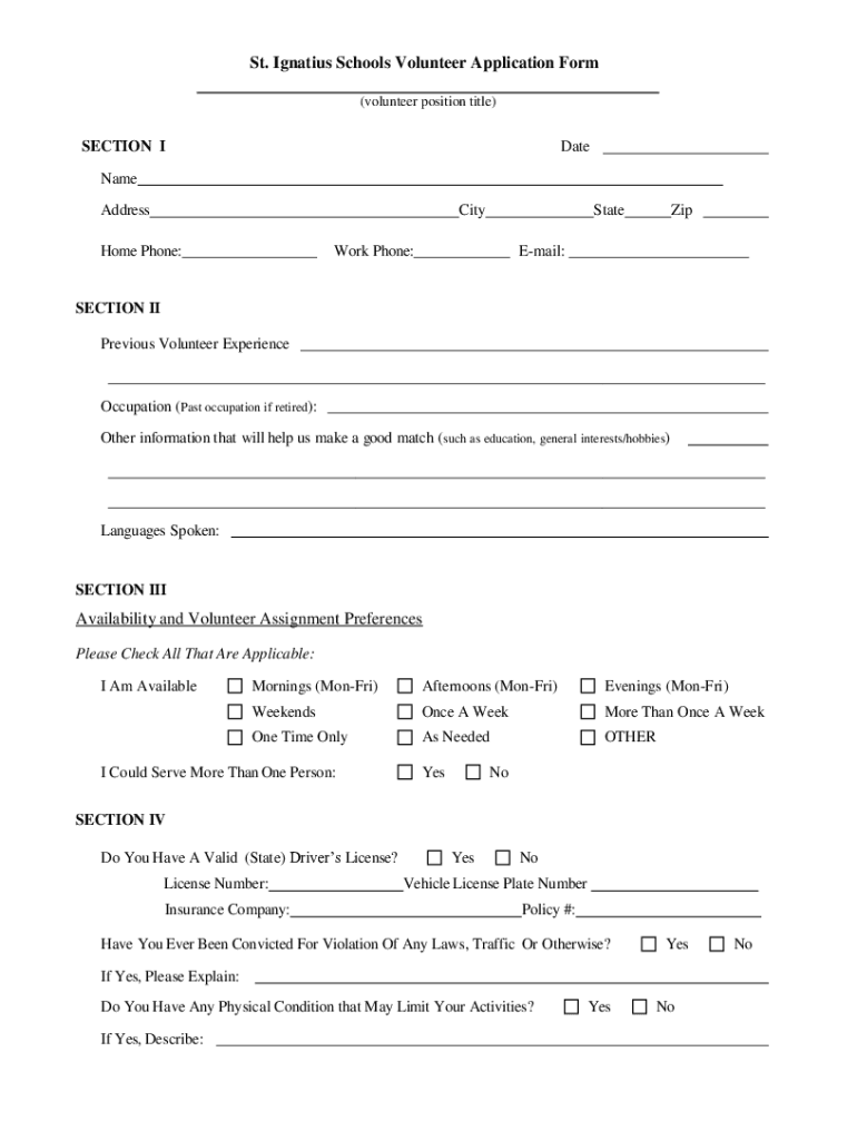 Fillable Online St. Ignatius Schools Volunteer Application Form Fax Email Print pdfFiller