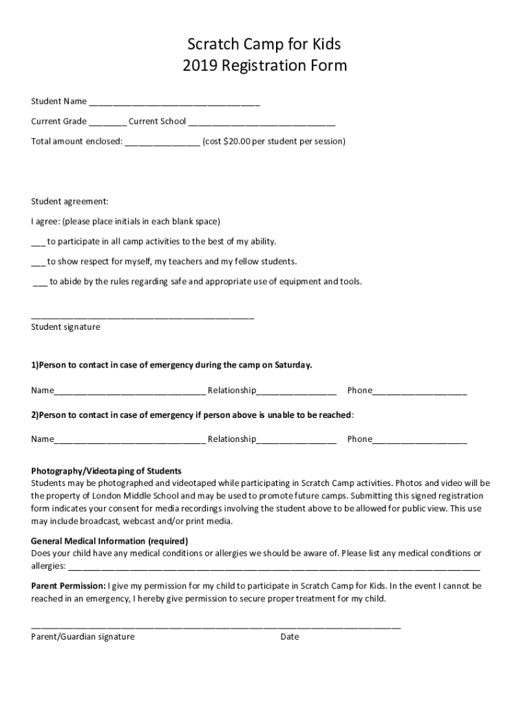 Fillable Online Scratch Camp for Kids 2019 Registration Form Fax Email Print pdfFiller