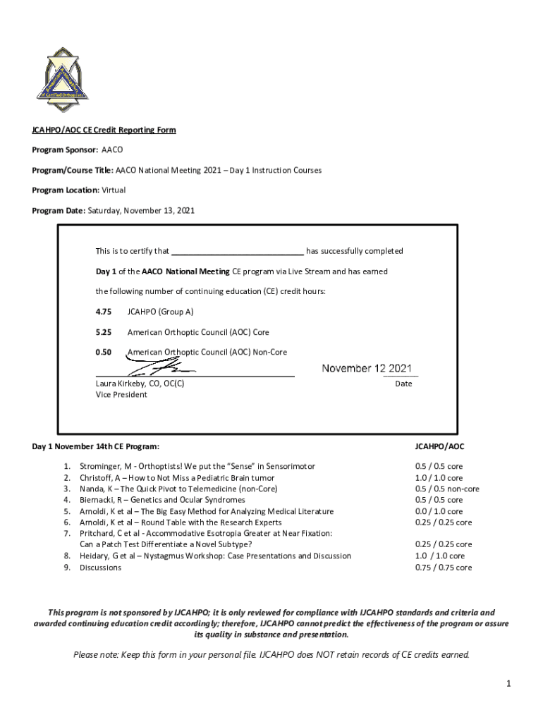 Fillable Online JCAHPO/AOC CE Credit Reporting Form Program Sponsor Fax