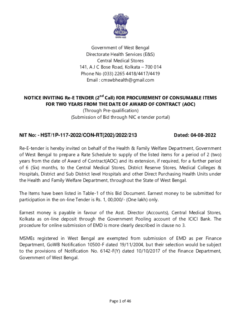 Fillable Online NOTICE INVITING ReE TENDER (2nd Call) FOR PROCUREMENT OF CONSUMABLE ITEMS Fax