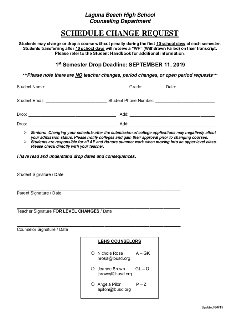 Fillable Online LBHS Schedule Change Request Form Fax Email Print ...