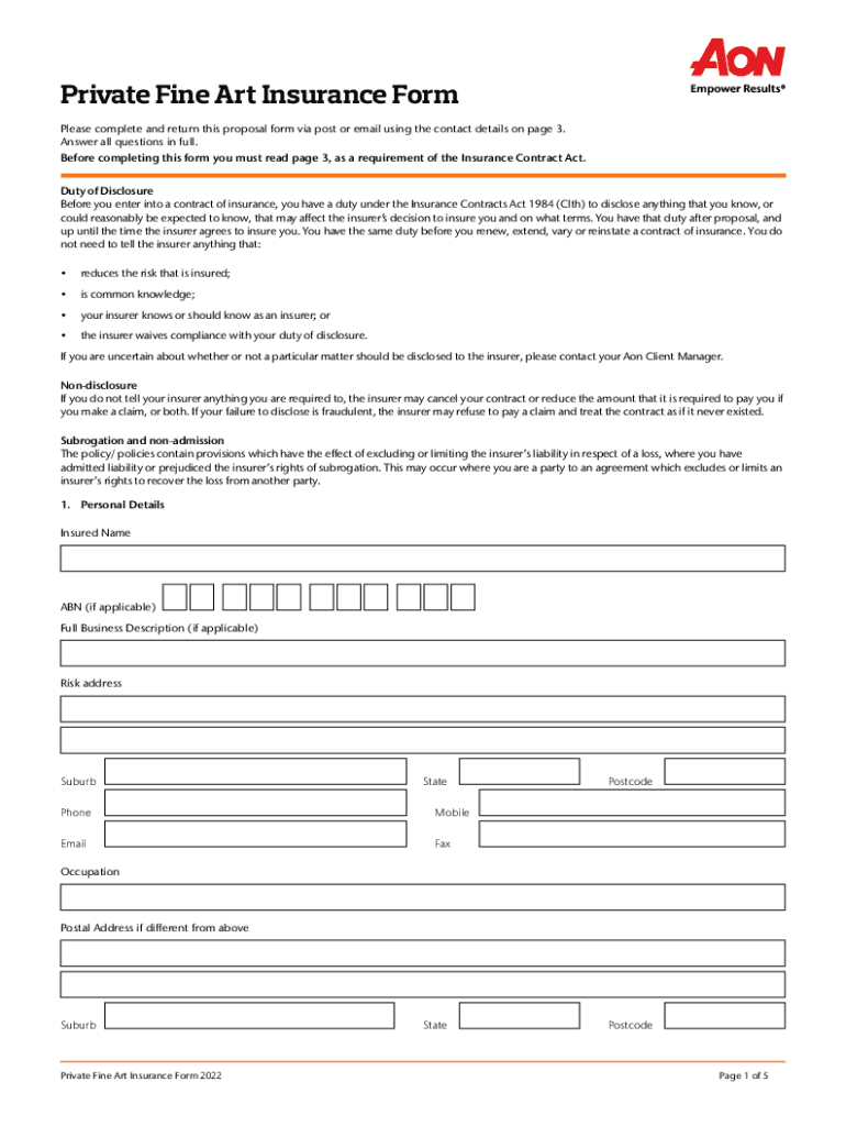 Fillable Online Private Fine Art Insurance Form Fax Email Print pdfFiller