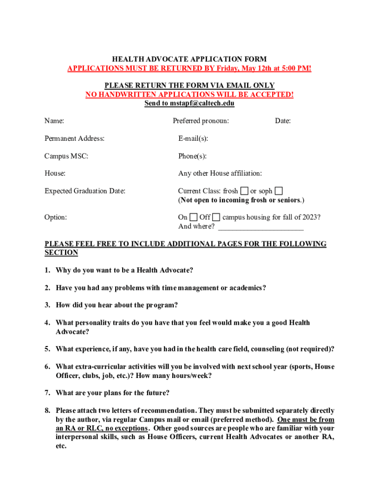 Fillable Online HEALTH ADVOCATE APPLICATION FORM Fax Email Print