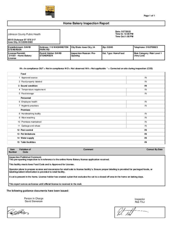 Fillable Online Home Bakery Inspection Report Fax Email Print pdfFiller