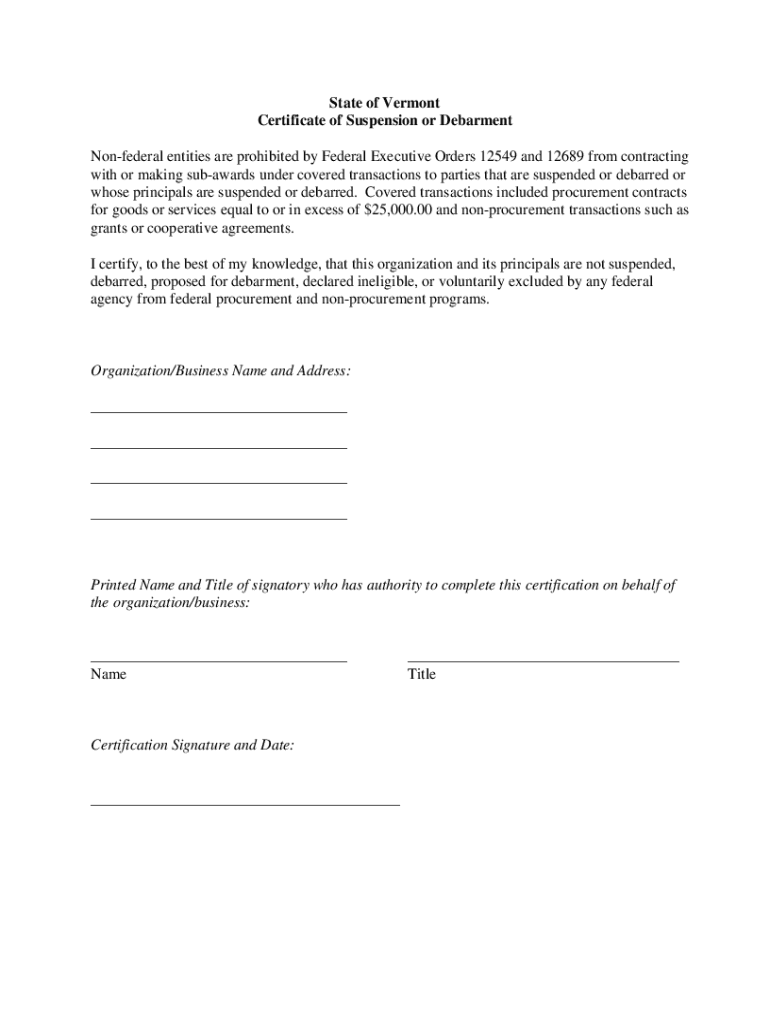 Fillable Online State of Vermont Certificate of Suspension or Debarment