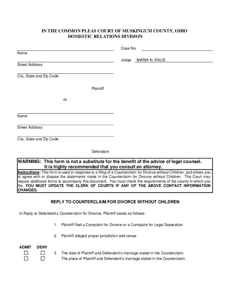 Fillable Online Form 12 Reply to Counterclaim without Children