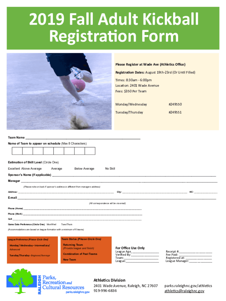 Fillable Online City of Raleigh Adult Kickball Registration Form Fax