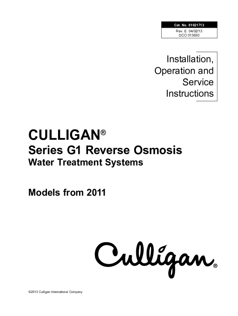 Fillable Online Culligan G1 Series Installation, Operation And Service