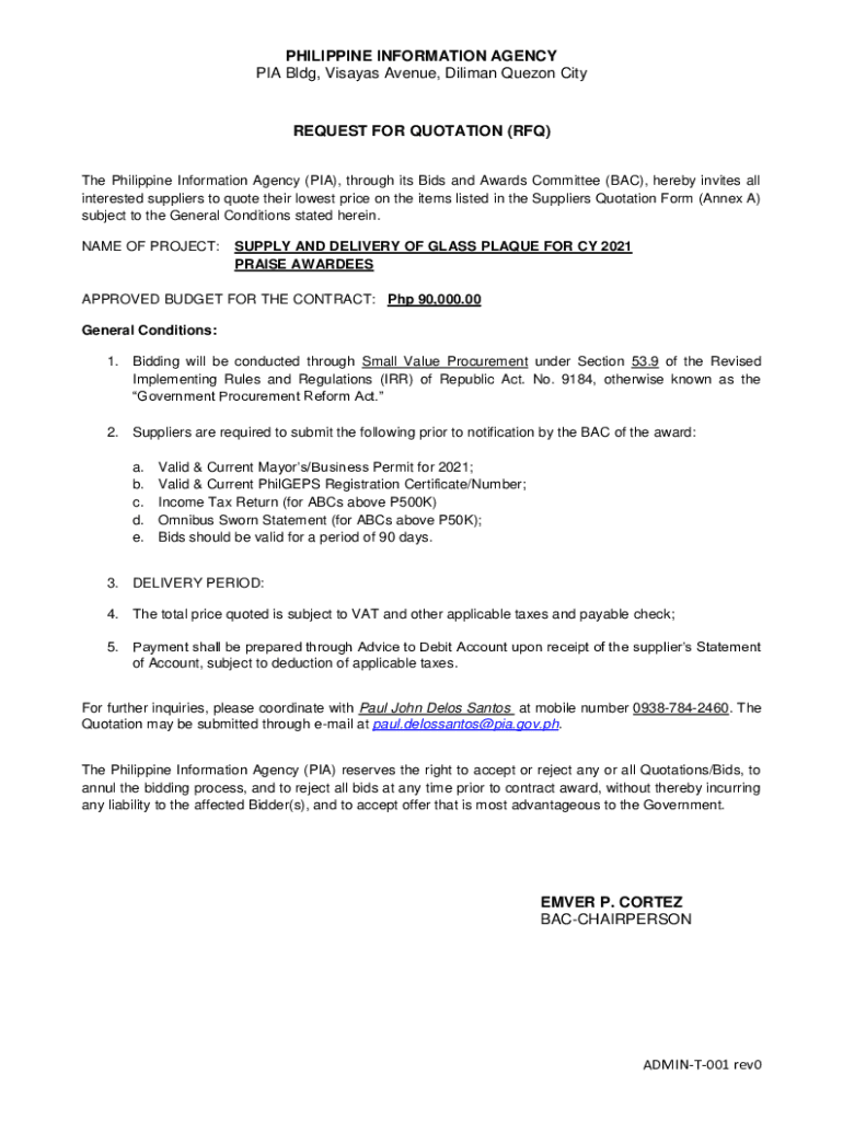 Fillable Online pia gov SUPPLY AND DELIVERY OF GLASS PLAQUE FOR CY 2021