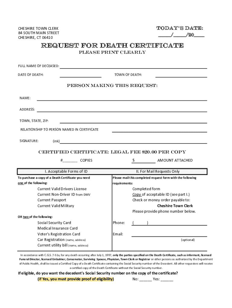 Fillable Online Request for DEATH CERTIFICATE Fax Email Print pdfFiller