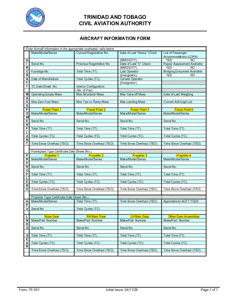 Fillable Online TF051 AIRCRAFT INFORMATION FORM 041125.doc Fax Email