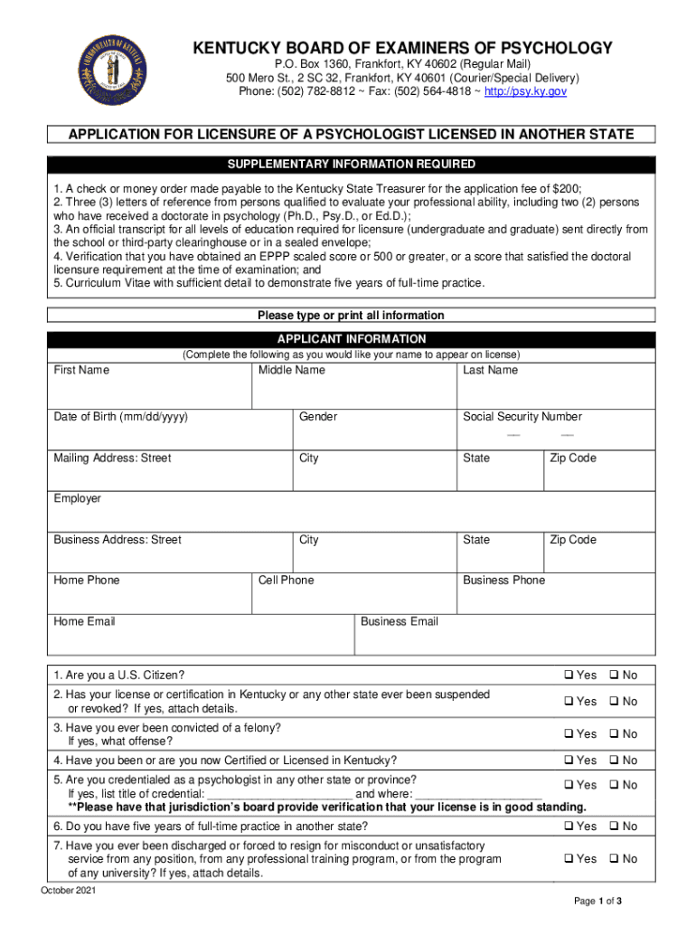 Fillable Online Application for Licensure of a Psychologist Licensed in