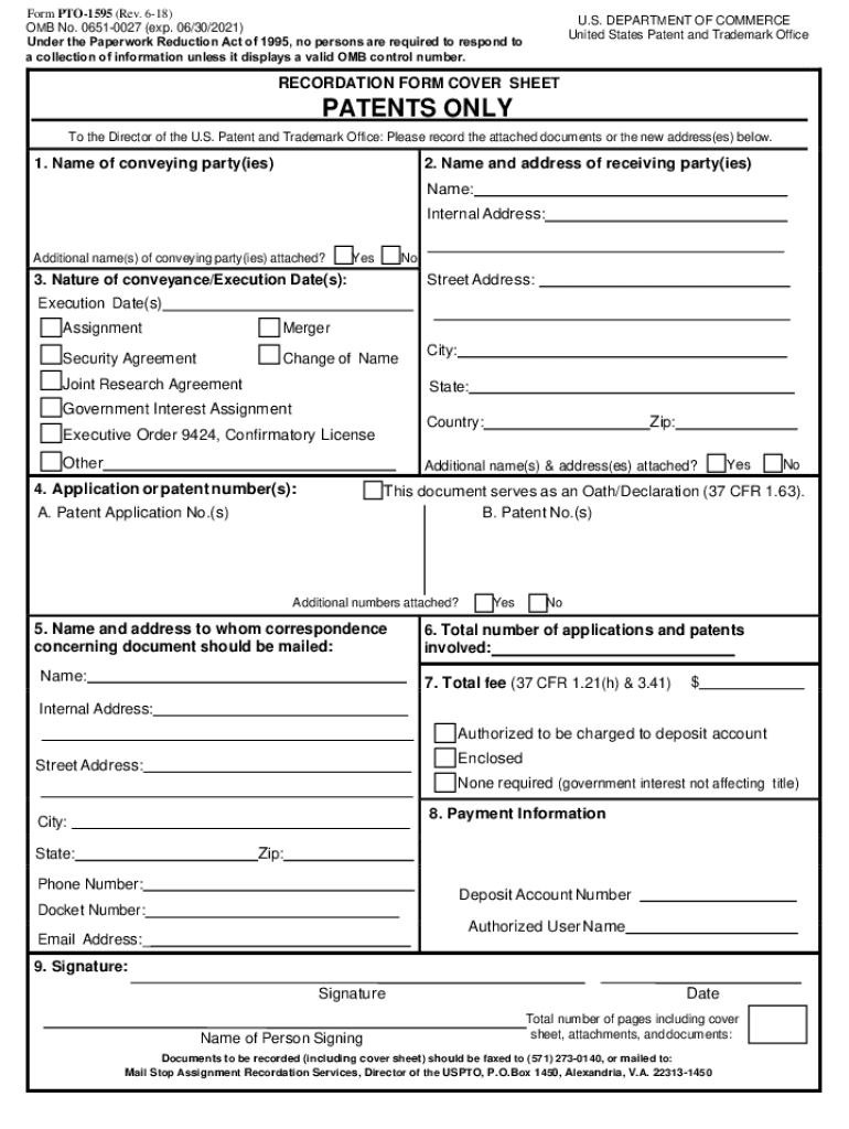 Fillable Online PTO 1595 Patents Recordation Form Cover Sheet Fax Email