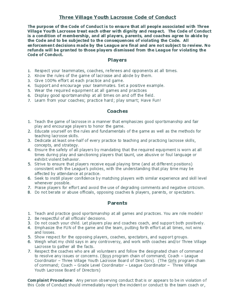 Fillable Online Three Village Youth Lacrosse Code of Conduct Fax Email