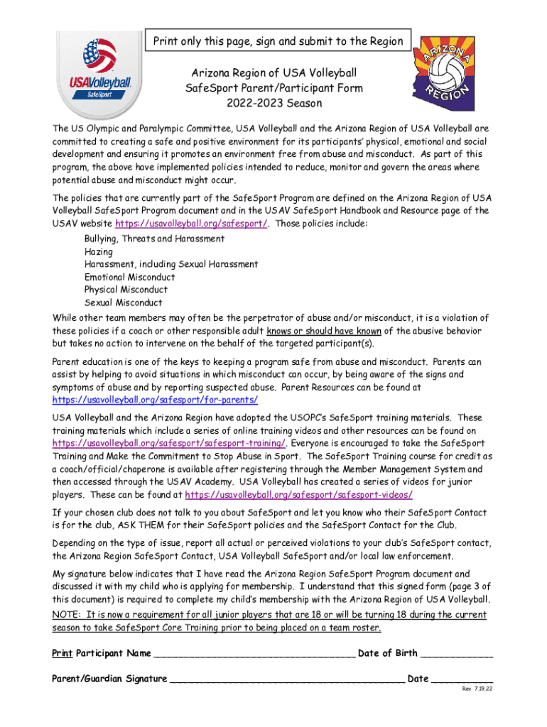 Fillable Online Arizona Region of USA Volleyball SafeSport Parent
