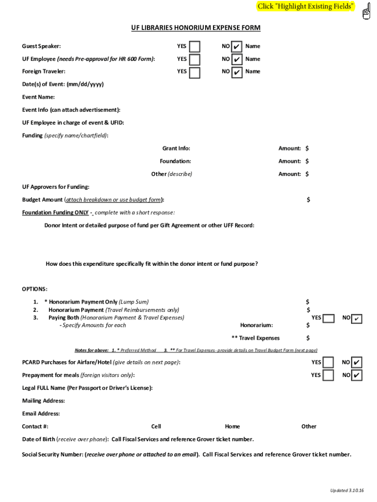 Fillable Online UF LIBRARIES HONORIUM EXPENSE FORM Fax Email Print