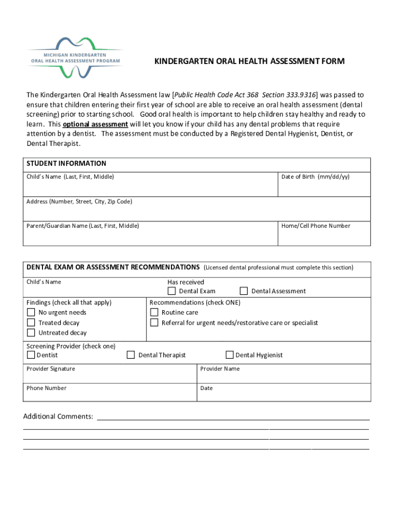 Fillable Online KINDERGARTEN ORAL HEALTH ASSESSMENT FORM Fax Email