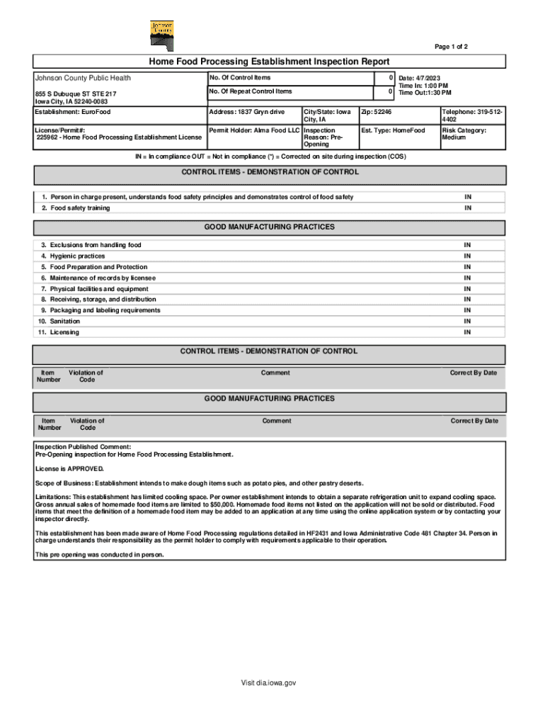 Fillable Online Home Food Processing Establishment Inspection Report