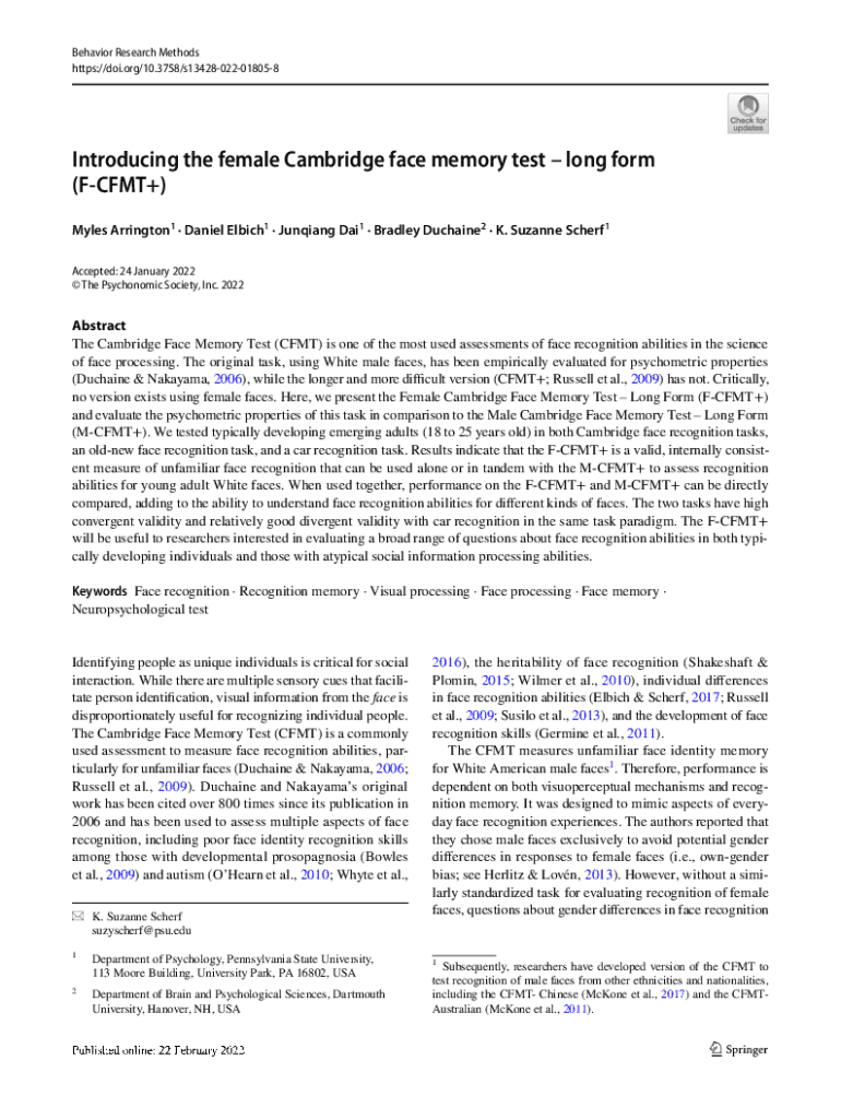 Fillable Online Introducing the female Cambridge face memory testlong form