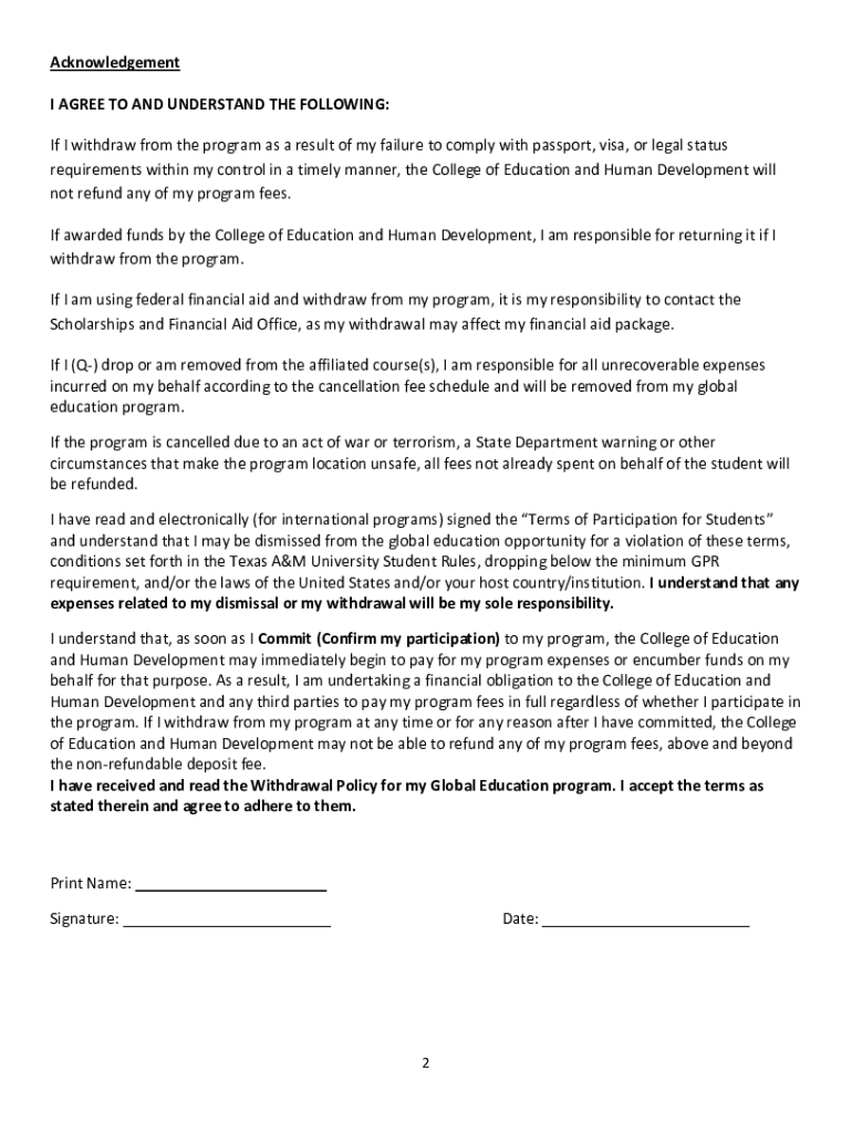 Fillable Online mycehd tamu Global Education Withdrawal Policy Fax